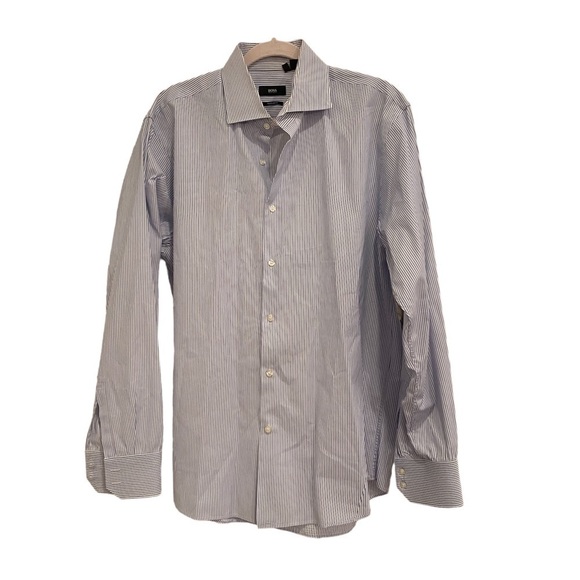 Mens Hugo Boss regular fit blue pin stripe white shirt size 17.5/34/35 - Picture 1 of 6